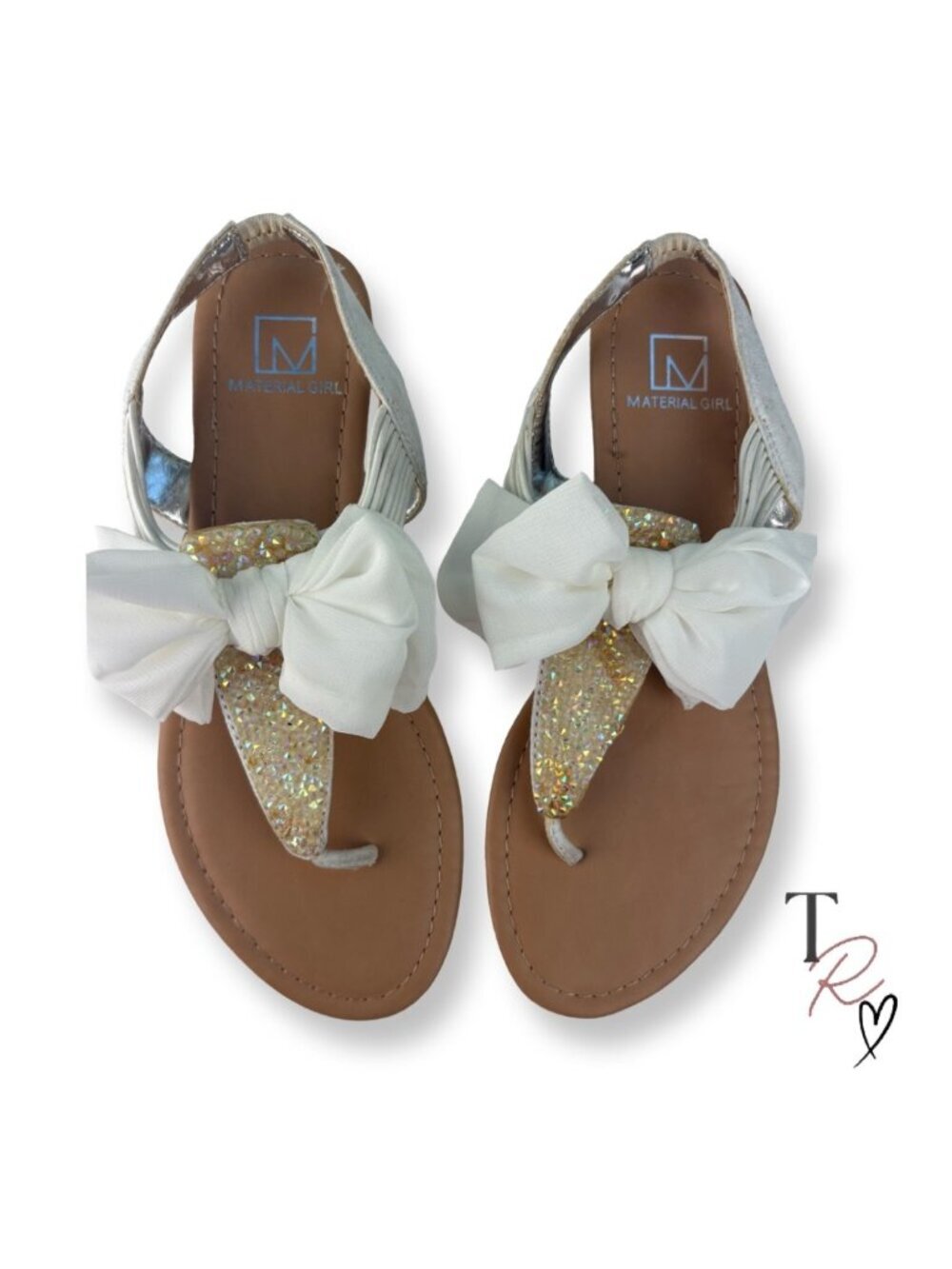 Material Girl White Bow Rhinestone Thong Sandals Size 7 M Sparkly Slingback
